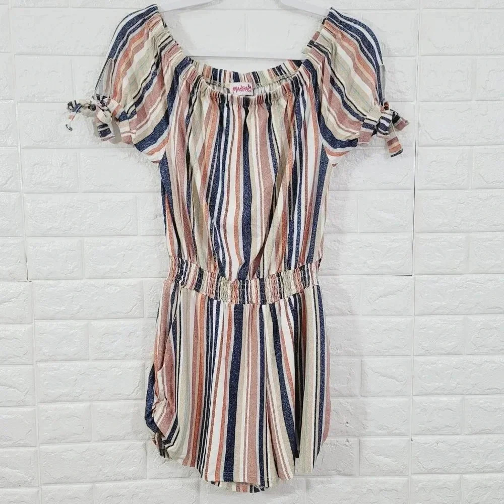 Madrag girls' Striped Off the Shoulder Romper Smocked Detail Multicolor Size L